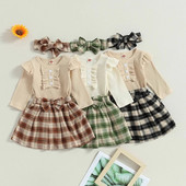 Jesenski kompleti odjeće za dojenčad, djevojčice, jednobojne pletene štrample dugih rukava s volanima, karirane plisirane Mni suknje, pokrivala za glavu, ležerna odjeća