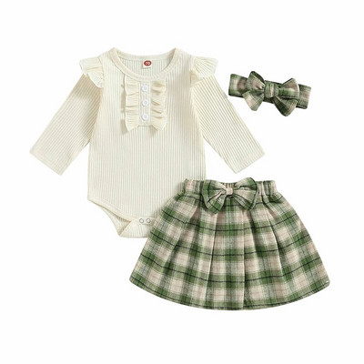 Jesenski kompleti odjeće za dojenčad, djevojčice, jednobojne pletene štrample dugih rukava s volanima, karirane plisirane Mni suknje, pokrivala za glavu, ležerna odjeća