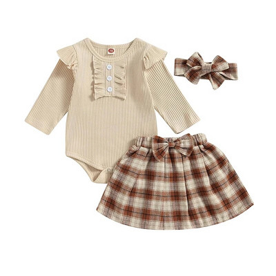 Jesenski kompleti odjeće za dojenčad, djevojčice, jednobojne pletene štrample dugih rukava s volanima, karirane plisirane Mni suknje, pokrivala za glavu, ležerna odjeća
