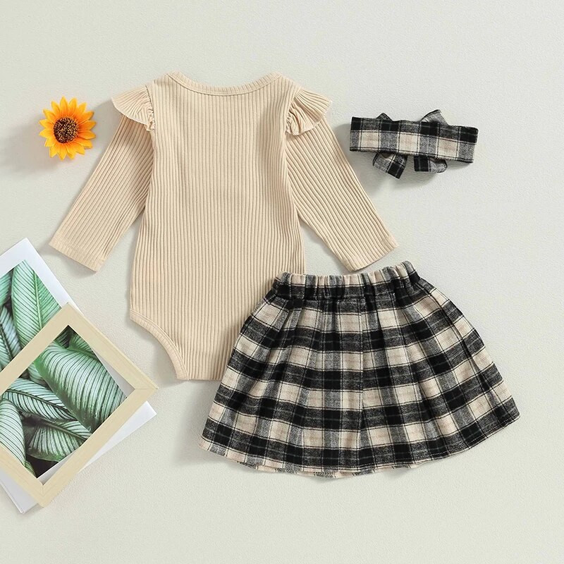 Jesenski kompleti odjeće za dojenčad, djevojčice, jednobojne pletene štrample dugih rukava s volanima, karirane plisirane Mni suknje, pokrivala za glavu, ležerna odjeća