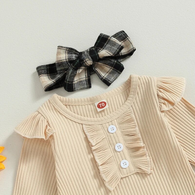 Jesenski kompleti odjeće za dojenčad, djevojčice, jednobojne pletene štrample dugih rukava s volanima, karirane plisirane Mni suknje, pokrivala za glavu, ležerna odjeća