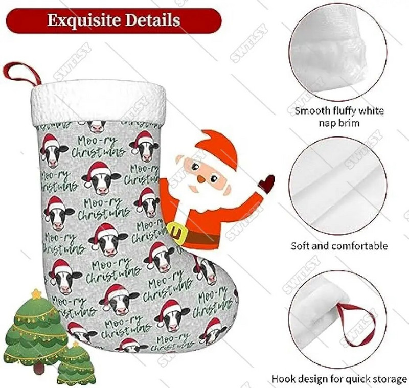 Božićne božićne krave Holstein krave na sivim božićnim čarapama, 17" ukrasi za božićne čarape, božićni kamin koji visi