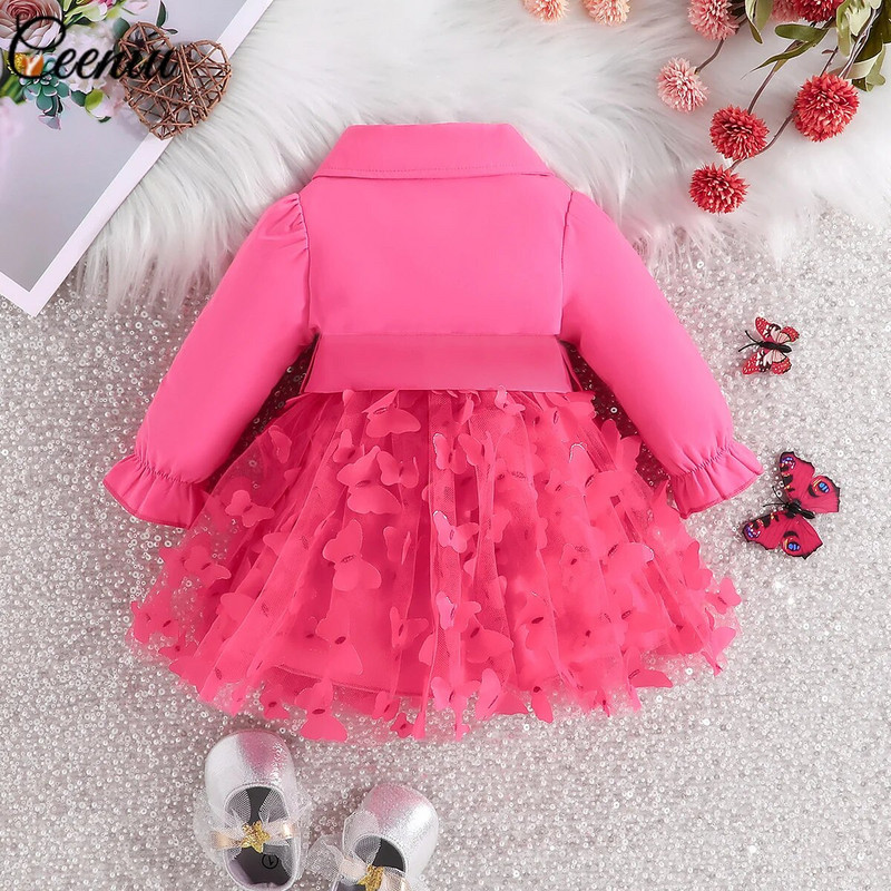 Ceeniu 3-24M babaruhák lány hajtókás blézer forró rózsaszín ruha pillangós ruha lányoknak tavaszi ősz újszülött ruhák