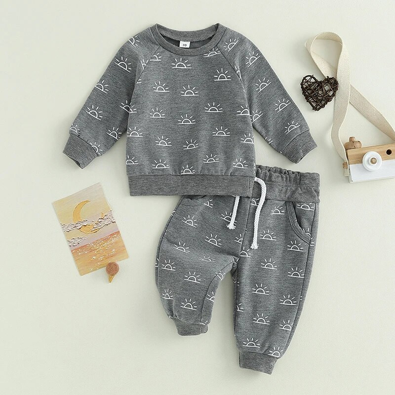 0-3 Grudens zīdaiņiem, maziem bērniem, zēniem, meitenēm, apģērbu komplekti, saules apdruka, garās piedurknes brīvi sporta krekli + kabatas bikses, ikdienas treniņtērpi