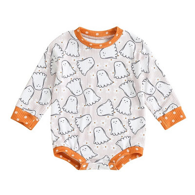 Halovīni bērnu apģērbi meitenēm ar garām piedurknēm, rievoti kombinezoni, ikdienas spoku apdrukas džemperis jaundzimušo mazuļu apģērbs