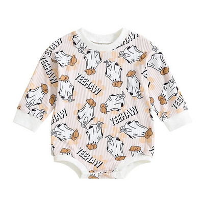 Halovīni bērnu apģērbi meitenēm ar garām piedurknēm, rievoti kombinezoni, ikdienas spoku apdrukas džemperis jaundzimušo mazuļu apģērbs