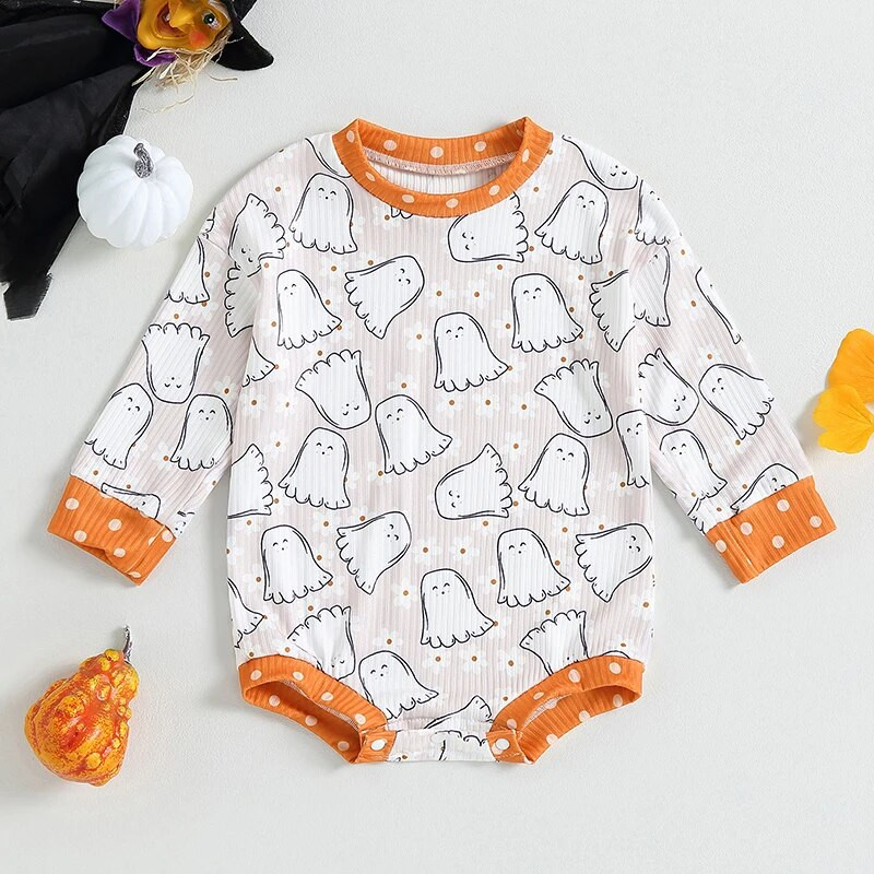 Halovīni bērnu apģērbi meitenēm ar garām piedurknēm, rievoti kombinezoni, ikdienas spoku apdrukas džemperis jaundzimušo mazuļu apģērbs