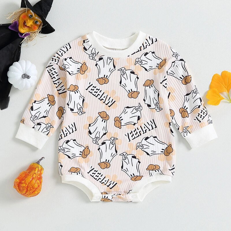 Halovīni bērnu apģērbi meitenēm ar garām piedurknēm, rievoti kombinezoni, ikdienas spoku apdrukas džemperis jaundzimušo mazuļu apģērbs