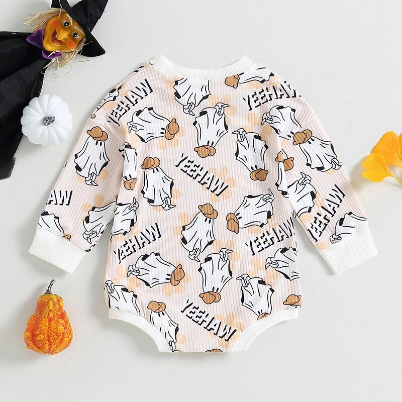 Halovīni bērnu apģērbi meitenēm ar garām piedurknēm, rievoti kombinezoni, ikdienas spoku apdrukas džemperis jaundzimušo mazuļu apģērbs