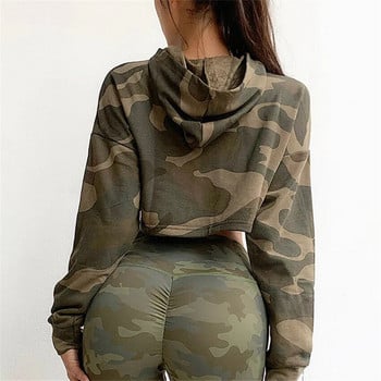 Camouflage Hollow Push Up Γυναικείο Σετ Γιόγκα Γυμναστική Ρούχα Αθλητική Στολή Γυμναστικής Γιόγκα Μακρυμάνικο μπλουζάκι + ελαστικό κολάν Κοστούμια γιόγκα