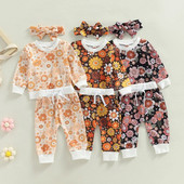 Modni jesenski kompleti odjeće za novorođenčad za djevojčice 0-3Y Puloveri s cvjetnim printom Dugih rukava + Duge hlače + Traka za glavu