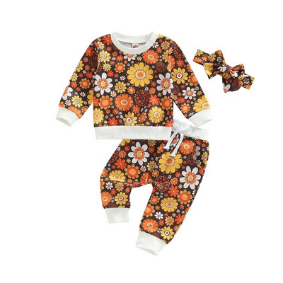 Modni jesenski kompleti odjeće za novorođenčad za djevojčice 0-3Y Puloveri s cvjetnim printom Dugih rukava + Duge hlače + Traka za glavu