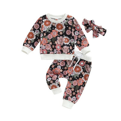 Modni jesenski kompleti odjeće za novorođenčad za djevojčice 0-3Y Puloveri s cvjetnim printom Dugih rukava + Duge hlače + Traka za glavu