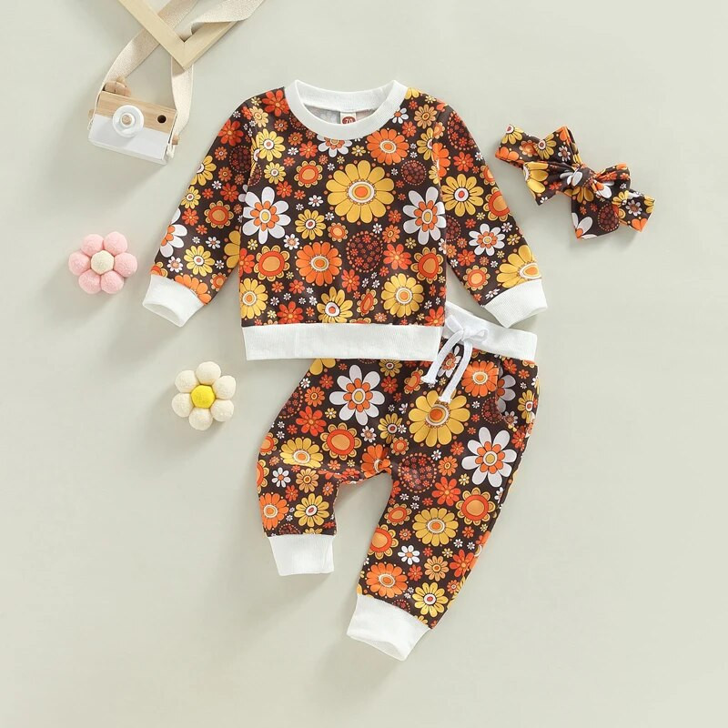 Modni jesenski kompleti odjeće za novorođenčad za djevojčice 0-3Y Puloveri s cvjetnim printom Dugih rukava + Duge hlače + Traka za glavu