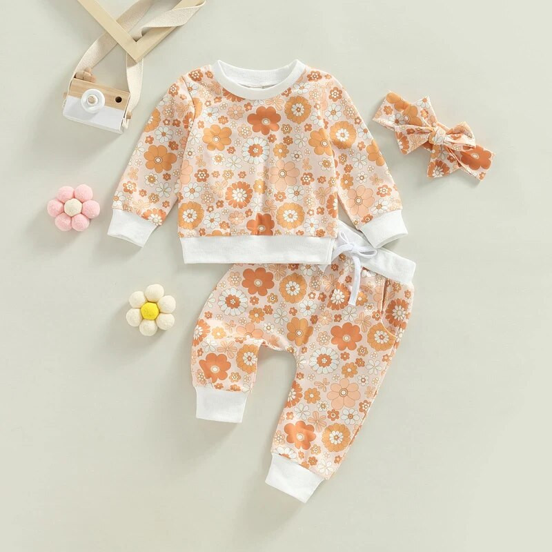 Modni jesenski kompleti odjeće za novorođenčad za djevojčice 0-3Y Puloveri s cvjetnim printom Dugih rukava + Duge hlače + Traka za glavu