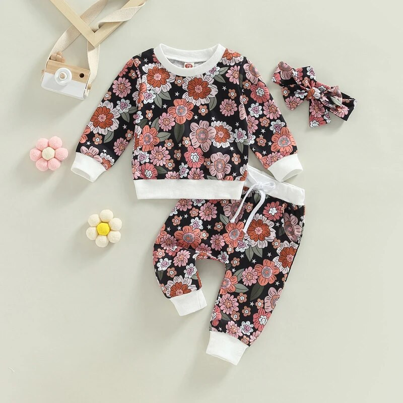 Modni jesenski kompleti odjeće za novorođenčad za djevojčice 0-3Y Puloveri s cvjetnim printom Dugih rukava + Duge hlače + Traka za glavu