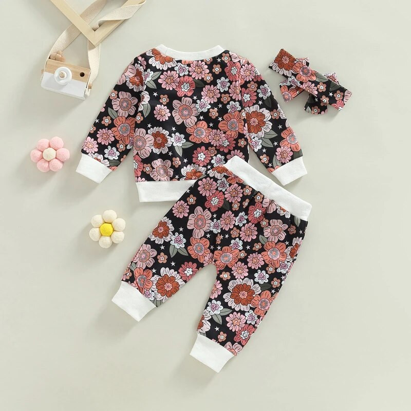 Modni jesenski kompleti odjeće za novorođenčad za djevojčice 0-3Y Puloveri s cvjetnim printom Dugih rukava + Duge hlače + Traka za glavu