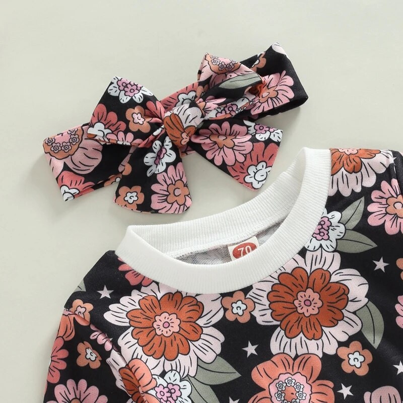 Modni jesenski kompleti odjeće za novorođenčad za djevojčice 0-3Y Puloveri s cvjetnim printom Dugih rukava + Duge hlače + Traka za glavu