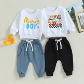 Rudens vaikams Kūdikių berniukų 2 dalių komplektai su raidėmis spausdinti ilgomis rankovėmis megztiniai Elastinės kelnės, skirtos mažyliams, sportiniai kostiumai, pavasariniai drabužiai