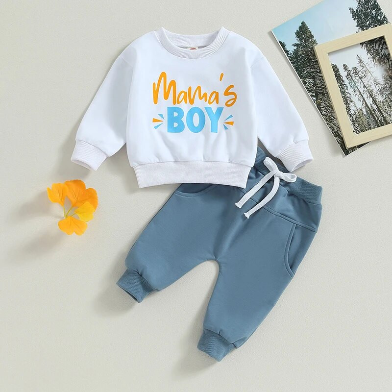 Rudens vaikams Kūdikių berniukų 2 dalių komplektai su raidėmis spausdinti ilgomis rankovėmis megztiniai Elastinės kelnės, skirtos mažyliams, sportiniai kostiumai, pavasariniai drabužiai