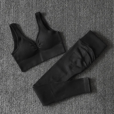 Bešavni set Odjeća za teretanu Set za jogu Ženska trenirka Sportsko odijelo s rebrastim rukavima Grudnjak za fitness Tajice s visokim strukom Komplet za vježbanje Sportska odjeća