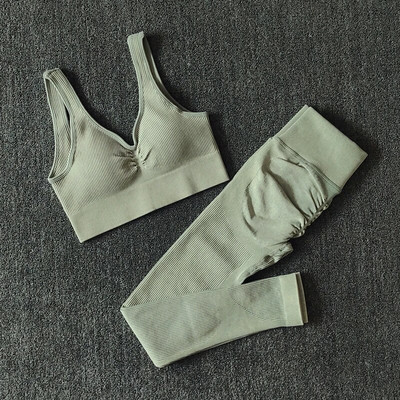 Bešavni set Odjeća za teretanu Set za jogu Ženska trenirka Sportsko odijelo s rebrastim rukavima Grudnjak za fitness Tajice s visokim strukom Komplet za vježbanje Sportska odjeća