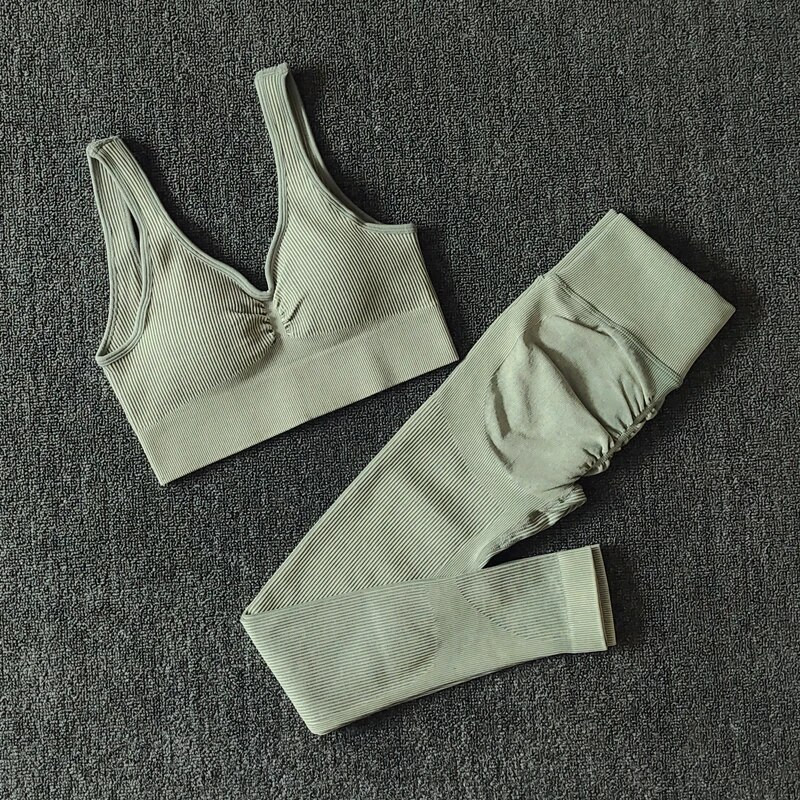 Bešavni set Odjeća za teretanu Set za jogu Ženska trenirka Sportsko odijelo s rebrastim rukavima Grudnjak za fitness Tajice s visokim strukom Komplet za vježbanje Sportska odjeća