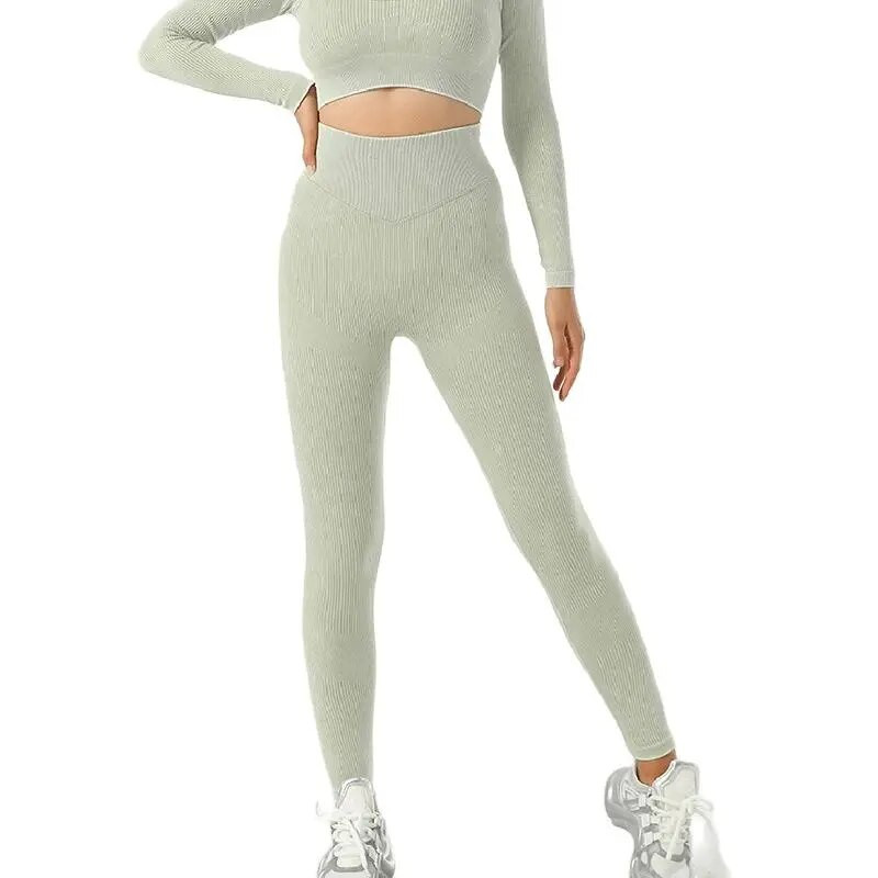 Bešavni set Odjeća za teretanu Set za jogu Ženska trenirka Sportsko odijelo s rebrastim rukavima Grudnjak za fitness Tajice s visokim strukom Komplet za vježbanje Sportska odjeća