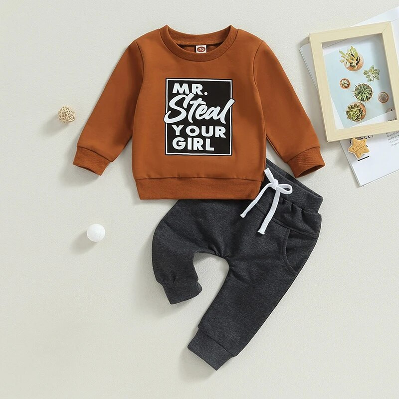 2gab Bērnu jaundzimušo mazuļu zēnu rudens apģērbu komplekti ar burtu apdruku, džemperi ar garām piedurknēm + viengabalainas garas sporta bikses, sporta tērpi, tērpi