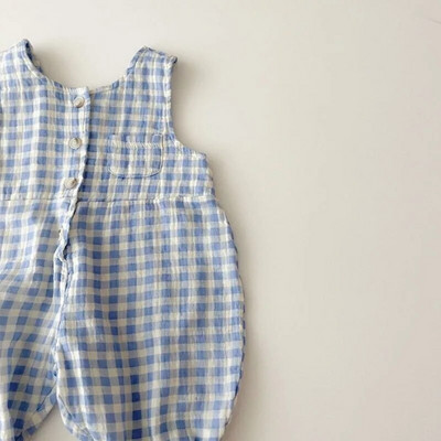 2023-as nyári kisfiúk, pamut kockás, egyrészes ruhák, tipegő lányok, ujjatlan, pántos gyerekzuha