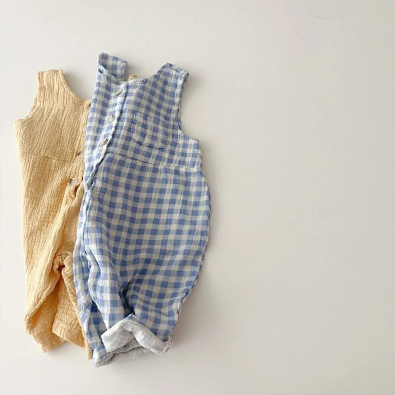 2023-as nyári kisfiúk, pamut kockás, egyrészes ruhák, tipegő lányok, ujjatlan, pántos gyerekzuha