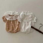 5965B Tüdrukute riided 2023 Suvi Uus armas lahe tšekk Lootoselehe krae ronimisriided Armsad tüdrukute ühes tükis riided