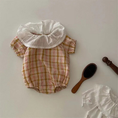 5965B Tüdrukute riided 2023 Suvi Uus armas lahe tšekk Lootoselehe krae ronimisriided Armsad tüdrukute ühes tükis riided