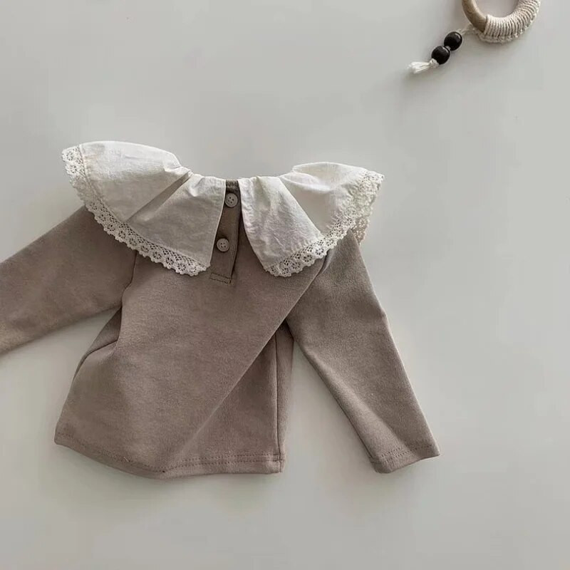 5066B Odjeća za bebe Majica kratkih rukava za djevojčice Proljeće i jesen 2023. Čipkana ovratnica od lotosovog lišća Majica za djevojčice s kratkim rukavima Majica dugih rukava Majice kratkih rukava