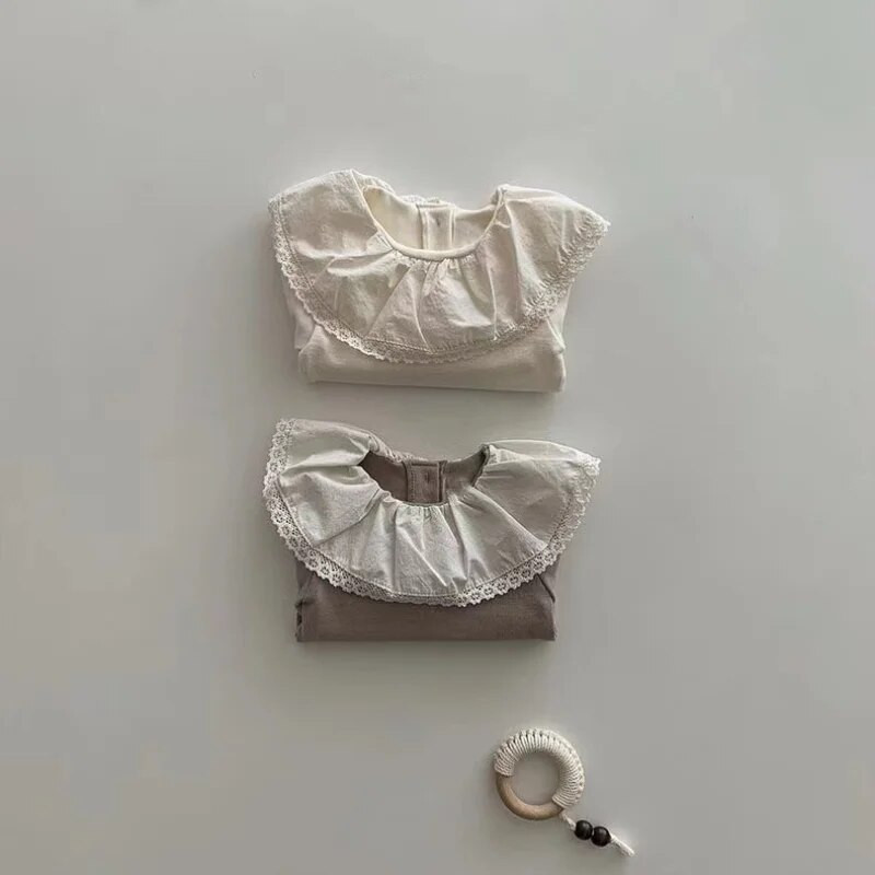 5066B Odjeća za bebe Majica kratkih rukava za djevojčice Proljeće i jesen 2023. Čipkana ovratnica od lotosovog lišća Majica za djevojčice s kratkim rukavima Majica dugih rukava Majice kratkih rukava