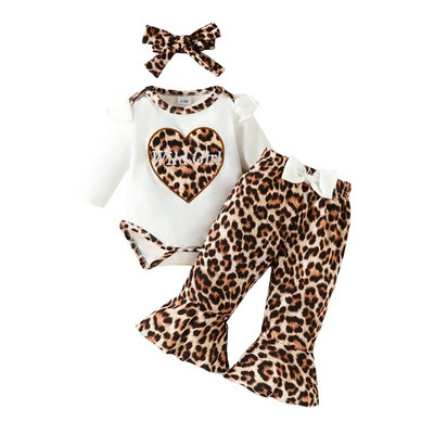Jesenski kompleti odjeće za novorođenčad za djevojčice Bodi dugih rukava s leopard printom + široke hlače na zvonce + odjeća za glavu od 3 komada