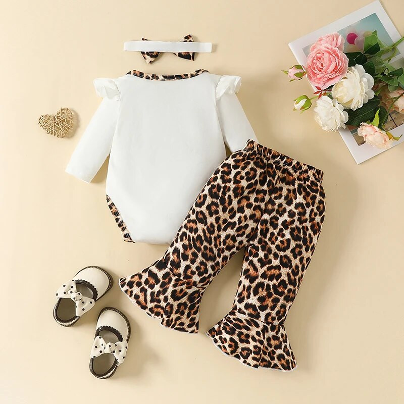 Jesenski kompleti odjeće za novorođenčad za djevojčice Bodi dugih rukava s leopard printom + široke hlače na zvonce + odjeća za glavu od 3 komada