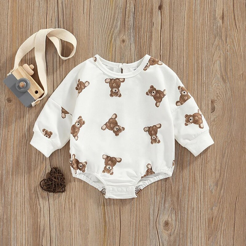 Szép őszi kisbabák lányok nadrágok újszülött pamut ruhák rajzfilm medve nyomat hosszú ujjú pulóverek nadrág kombik