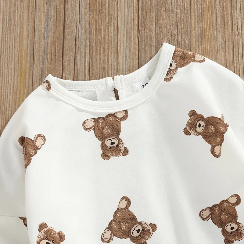 Szép őszi kisbabák lányok nadrágok újszülött pamut ruhák rajzfilm medve nyomat hosszú ujjú pulóverek nadrág kombik