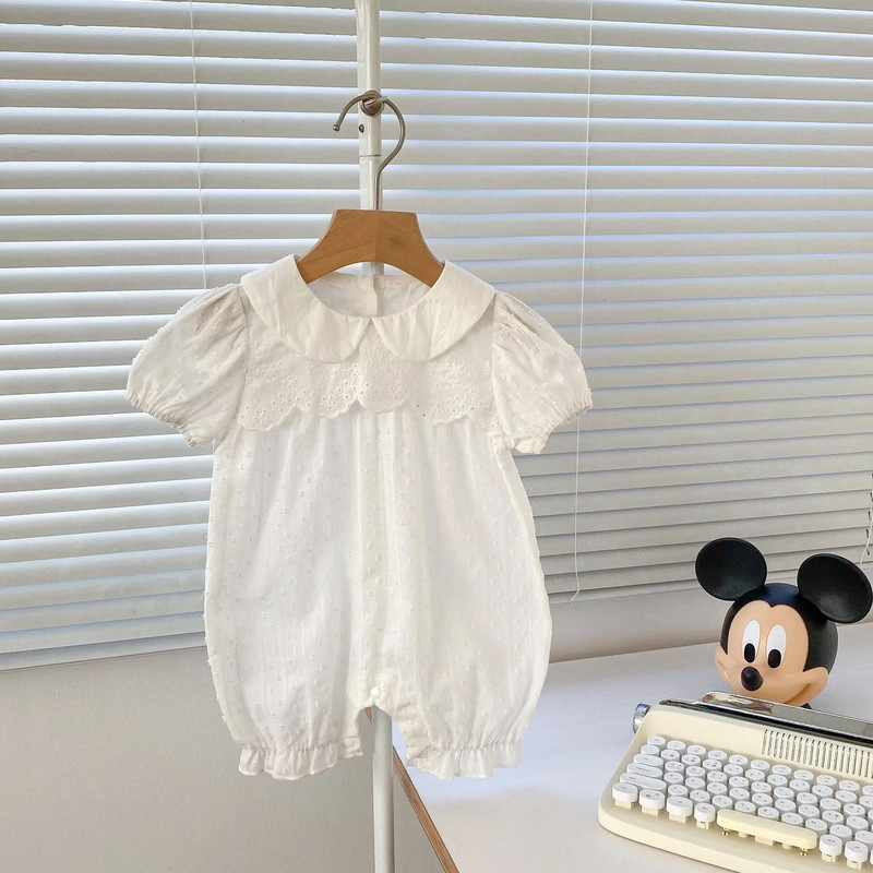 5183B jaundzimušo meiteņu kombinezons 2023. gada vasarā, jauns, vienkāršs, elpojošs, viengabala apģērbs, mežģīņu apkakles kāpšanas apģērbs