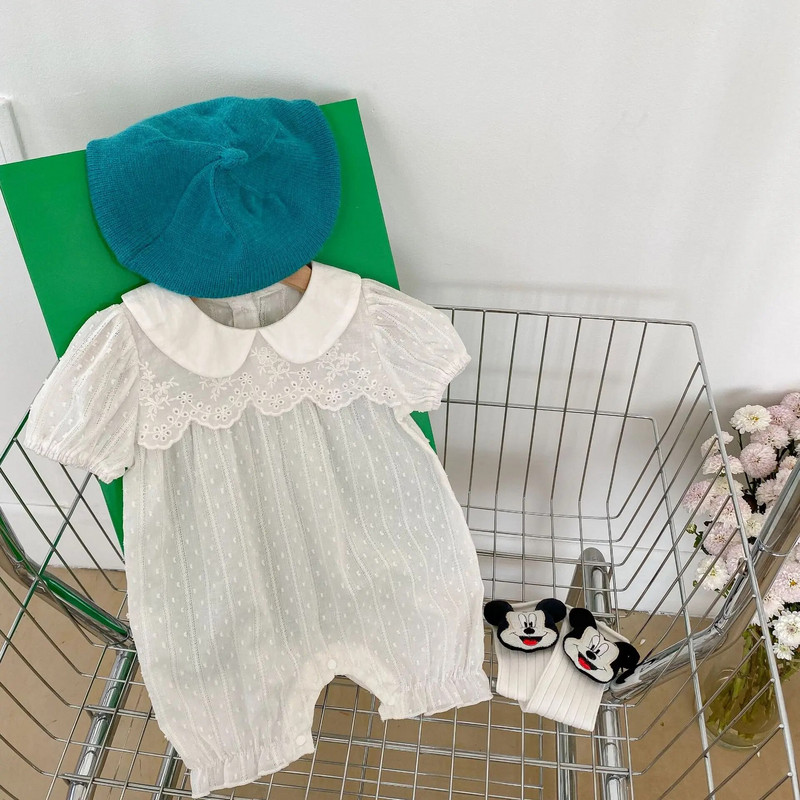 5183B jaundzimušo meiteņu kombinezons 2023. gada vasarā, jauns, vienkāršs, elpojošs, viengabala apģērbs, mežģīņu apkakles kāpšanas apģērbs