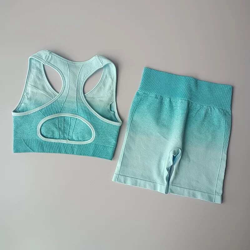 2 kom bešavne gradijent joga odijelo Sportski grudnjak za vježbanje + kratke hlače visokog struka Sportski set za teretanu Modni kompleti kratkih hlača Ženski 2021.