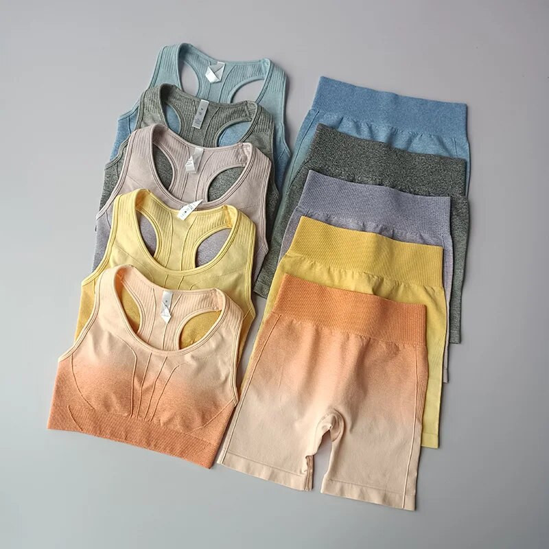 2 kom bešavne gradijent joga odijelo Sportski grudnjak za vježbanje + kratke hlače visokog struka Sportski set za teretanu Modni kompleti kratkih hlača Ženski 2021.