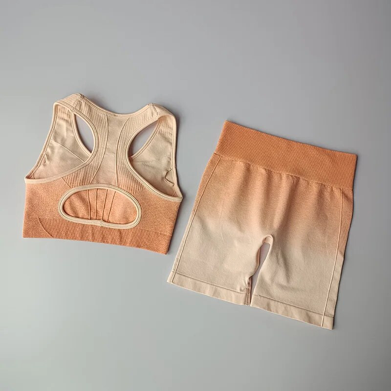 2 kom bešavne gradijent joga odijelo Sportski grudnjak za vježbanje + kratke hlače visokog struka Sportski set za teretanu Modni kompleti kratkih hlača Ženski 2021.