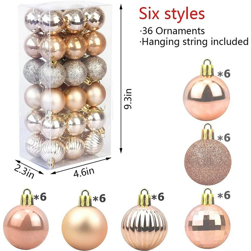 36gab Ziemassvētku bumbiņas Ziemassvētku eglīšu rotājumu komplekts Neplīstošs piekārtas bumbas svētku eglīšu rotājumiem