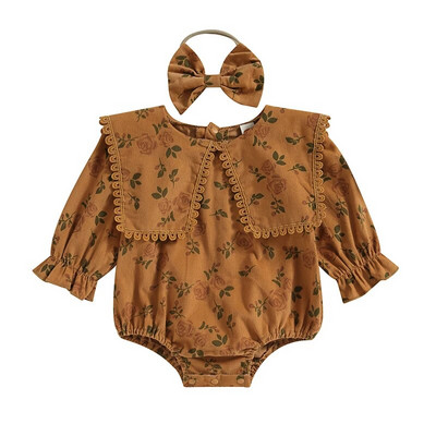 Vintage novorođenčad, djevojčice, jesenske štrample, odjeća, čipkani cvjetni print, bodi s dugim rukavima i O-izrezom, kombinezoni, odjeća s trakom za glavu