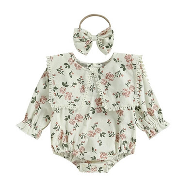 Vintage novorođenčad, djevojčice, jesenske štrample, odjeća, čipkani cvjetni print, bodi s dugim rukavima i O-izrezom, kombinezoni, odjeća s trakom za glavu