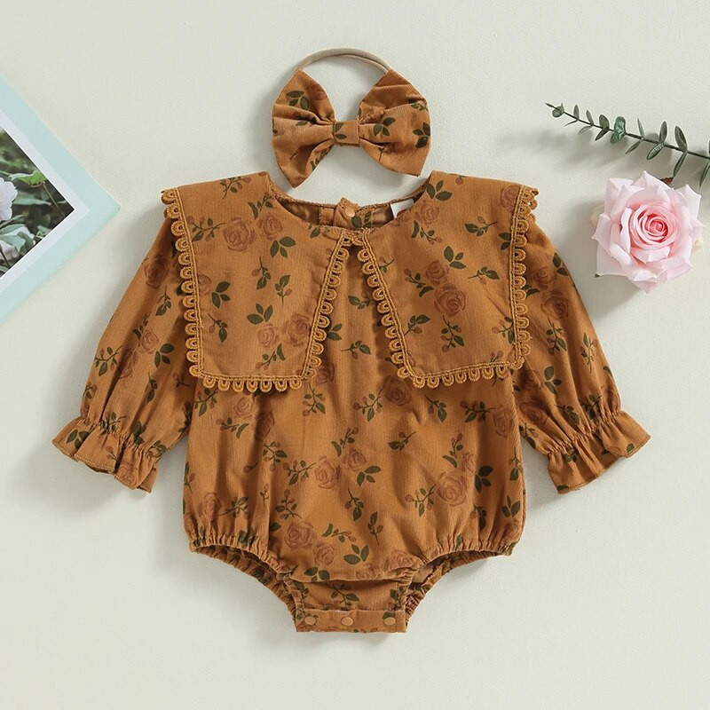 Vintage novorođenčad, djevojčice, jesenske štrample, odjeća, čipkani cvjetni print, bodi s dugim rukavima i O-izrezom, kombinezoni, odjeća s trakom za glavu