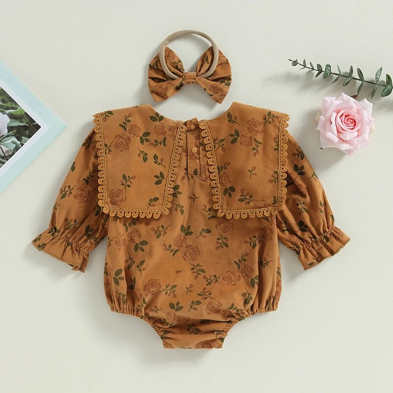 Vintage novorođenčad, djevojčice, jesenske štrample, odjeća, čipkani cvjetni print, bodi s dugim rukavima i O-izrezom, kombinezoni, odjeća s trakom za glavu