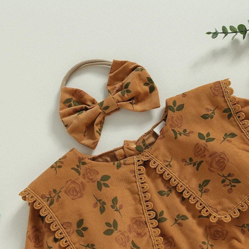 Vintage novorođenčad, djevojčice, jesenske štrample, odjeća, čipkani cvjetni print, bodi s dugim rukavima i O-izrezom, kombinezoni, odjeća s trakom za glavu